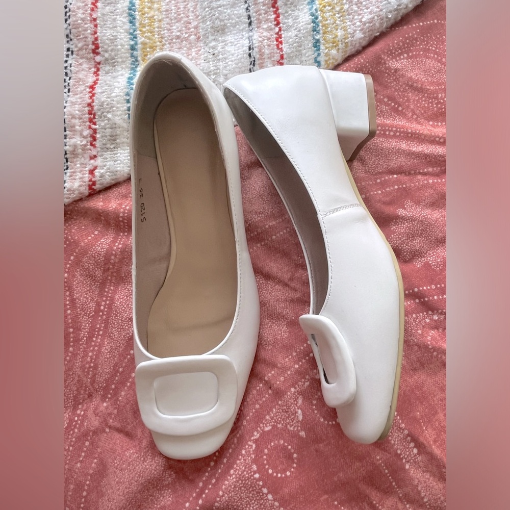 Handmade White Block Heels w/Faux Buckle, 2” Heel. Purchased for $90 on Etsy.